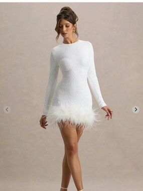 Club London White Sequin Feather-Hem Mini Dress- D-01